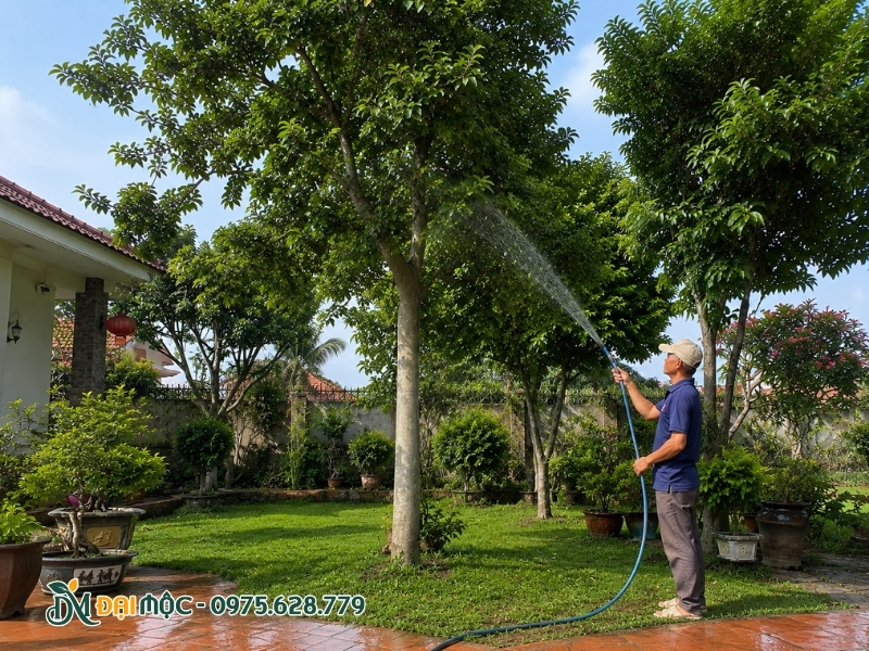 Tưới nước cho cây chay cổ thụ trong sân nhà