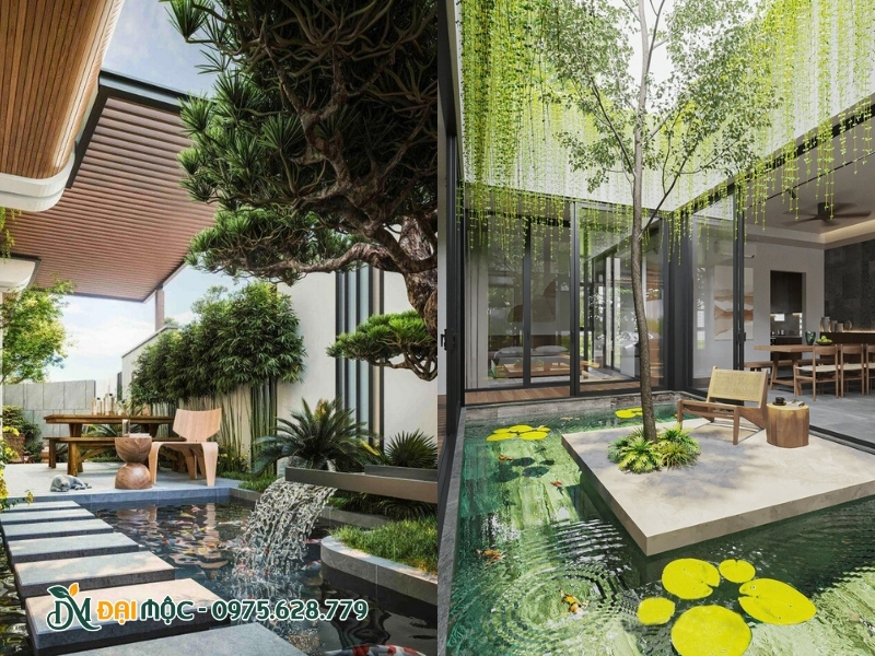 Sân vườn được bày trí nhiều chi tiết và cây cối