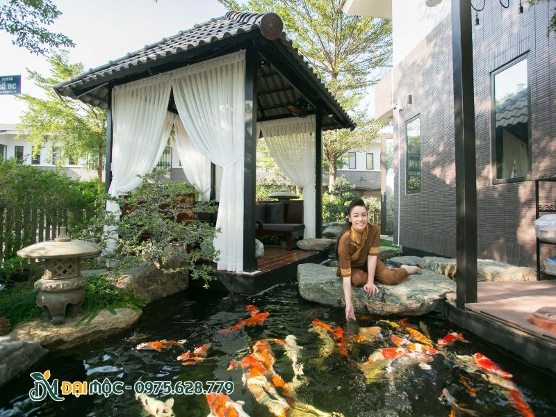 Hồ cá koi trong sân vườn trong vắt