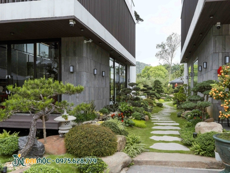Sân vườn kiểu Nhật với đá, cây bonsai, đèn đá