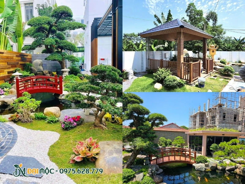 Chòi nghỉ, cầu đỏ mang yếu tố gỗ trong sân vườn