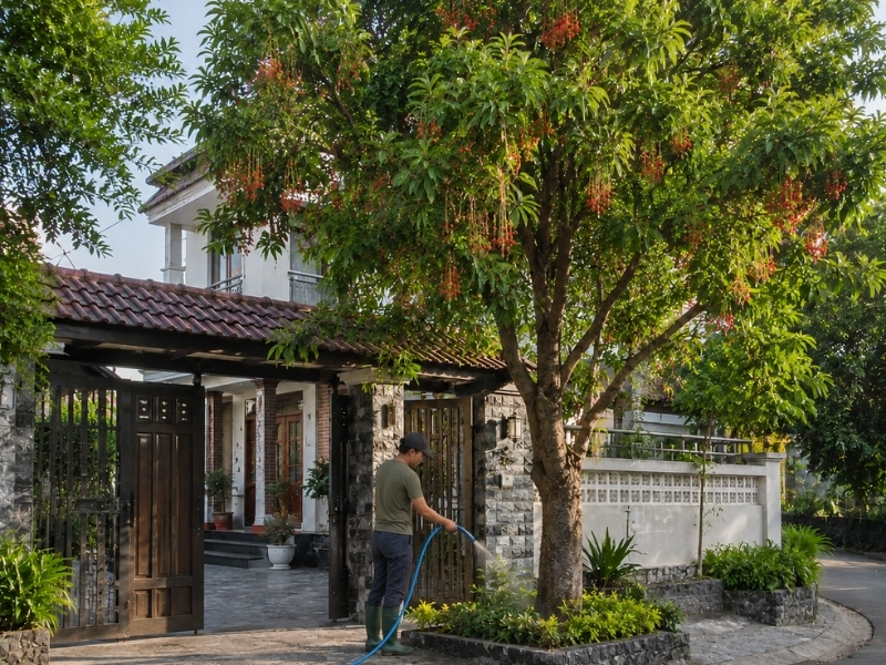 Tưới nước cho cây lộc vừng cổ thụ